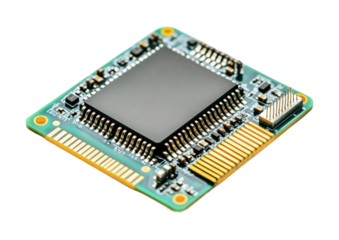 Electronic circuit board with microchip showcasing advanced technology for innovation and design projects, cut out