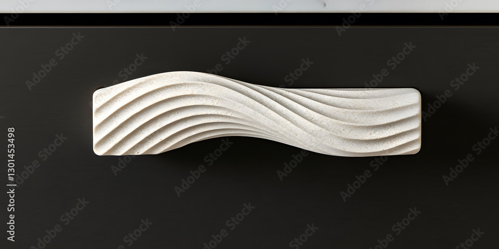 Poster close up shot of a decorative, textured handle on a dark surface. the handle features a wave-like de