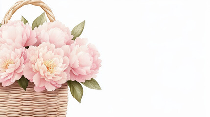 Soft pink peonies arranged in an elegant woven vase exhibit exquisite brushwork and gradients against a serene ink wash background, capturing the essence of traditional Chinese art