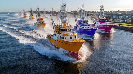 Colorful fishing boats racing in harbor