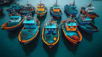 Colorful fishing boats moored in harbor