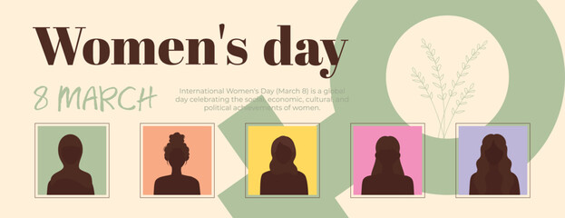 March 8 Women’s Day Banner & Post: 5 diverse females in a stunning harmonious design. Ideal for social media & all types of projects. #March8 #WomensDay