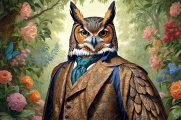 Owl dressed in elegant suit surrounded by vibrant flowers in a lush garden during daylight