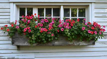 Fototapeta premium Colorful flowers in rustic wooden window box