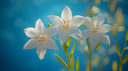 Naklejka premium Delicate white flowers in sunlight against a teal backdrop