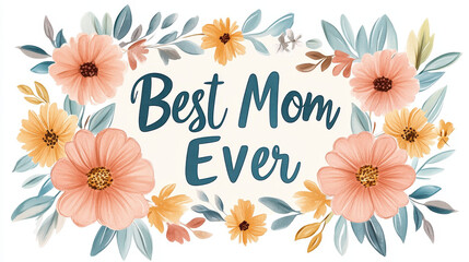 A detailed hand-drawn sign celebrates mothers with the phrase Best Mom Ever, adorned with warm floral borders in vintage aesthetic. Perfect for American Mother’s Day decor in soft neutrals