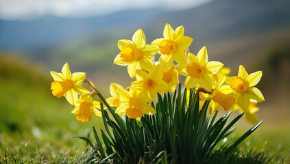 Obraz premium St. David's day, Yellow daffodils blooming in a spring meadow