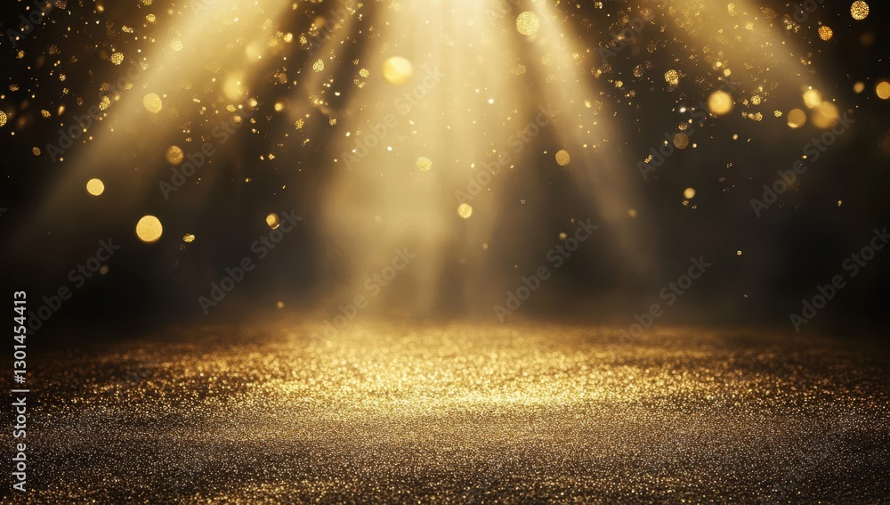 Poster magical golden sparkling background with soft light beams illuminating tiny glittering particles in 