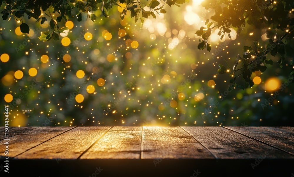 Aufkleber magical bokeh effect with warm sun rays shining through lush greenery over a rustic wooden table cre