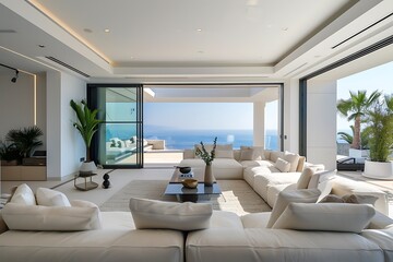 A cozy penthouse living room with sliding glass doors leading to a terrace with ocean views, featuring contemporary furniture and a minimalist aesthetic.