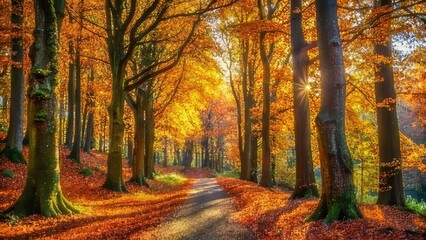 Obraz premium Autumnal Pathway Through a Golden Forest of Tall Trees with Sunlight Streaming Through the Canopy