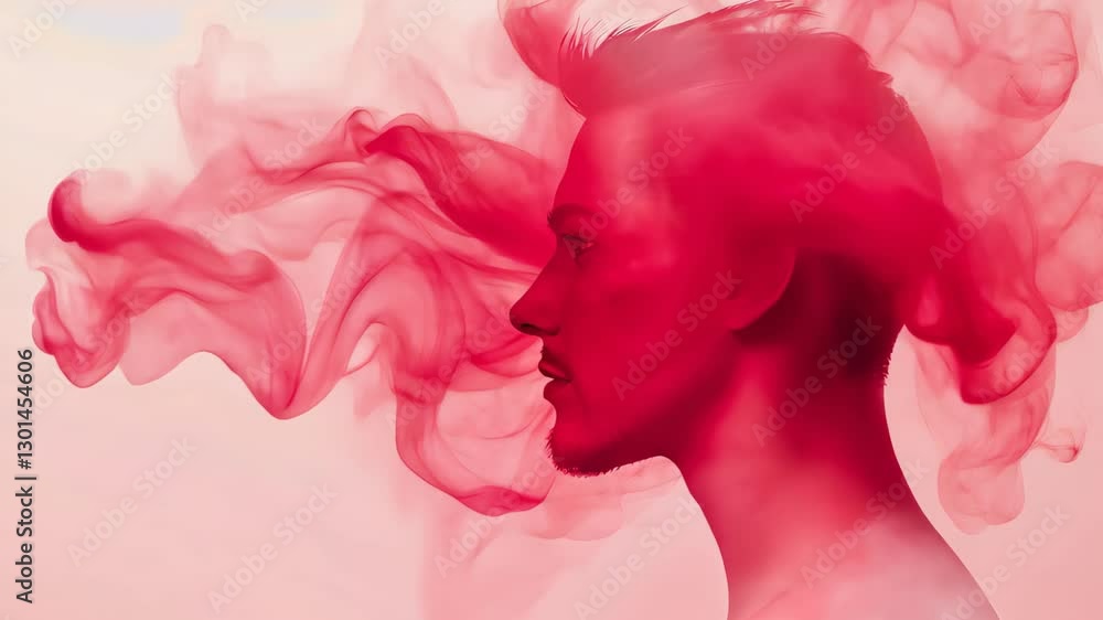 Poster double exposure portrait in abstract red theme with cloud overlay for artistic expression and modern