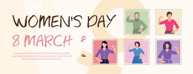 March 8 Women’s Day Banner & Post: 5 unique women in a vibrant, harmonious design. Perfect for social media & versatile projects. #March8 #WomensDay