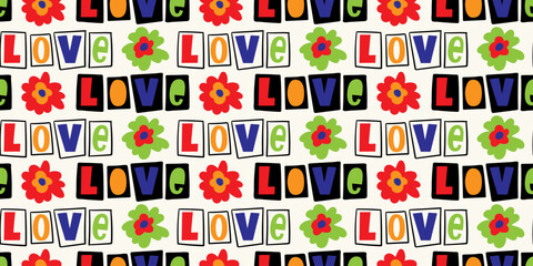 seamless repeating pattern with love lettering and flowers. vector illustration