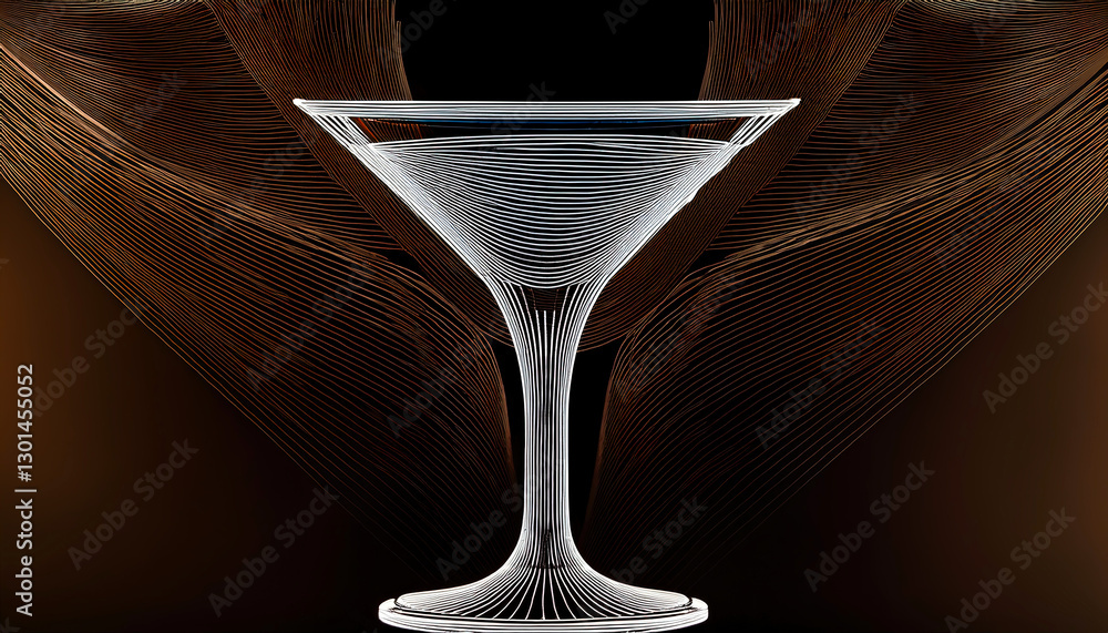 Poster abstract line art depicting a stylized martini glass illuminated in elegant colors and patterns