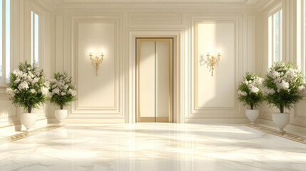 Elegant, sunlit hallway with elevator and potted flowers