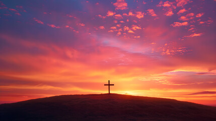 Fototapeta premium Cross at Sunrise on a Hill - Symbol of Hope, Renewal, and Divine Grace in Inspirational Spiritual Reflection