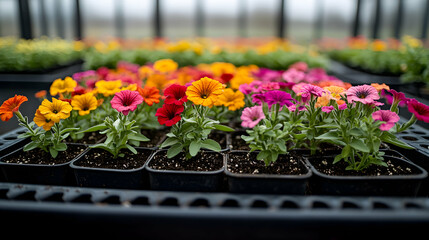 Colorful petunias in trays, greenhouse setting