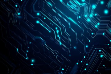 Abstract close-up of a glowing blue digital circuit board, showcasing intricate connections and technological design on a black background.
