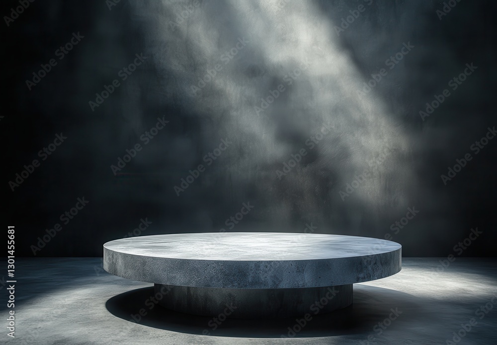 Poster minimalist round stage on dark background with soft light beams creating a cinematic atmosphere for 