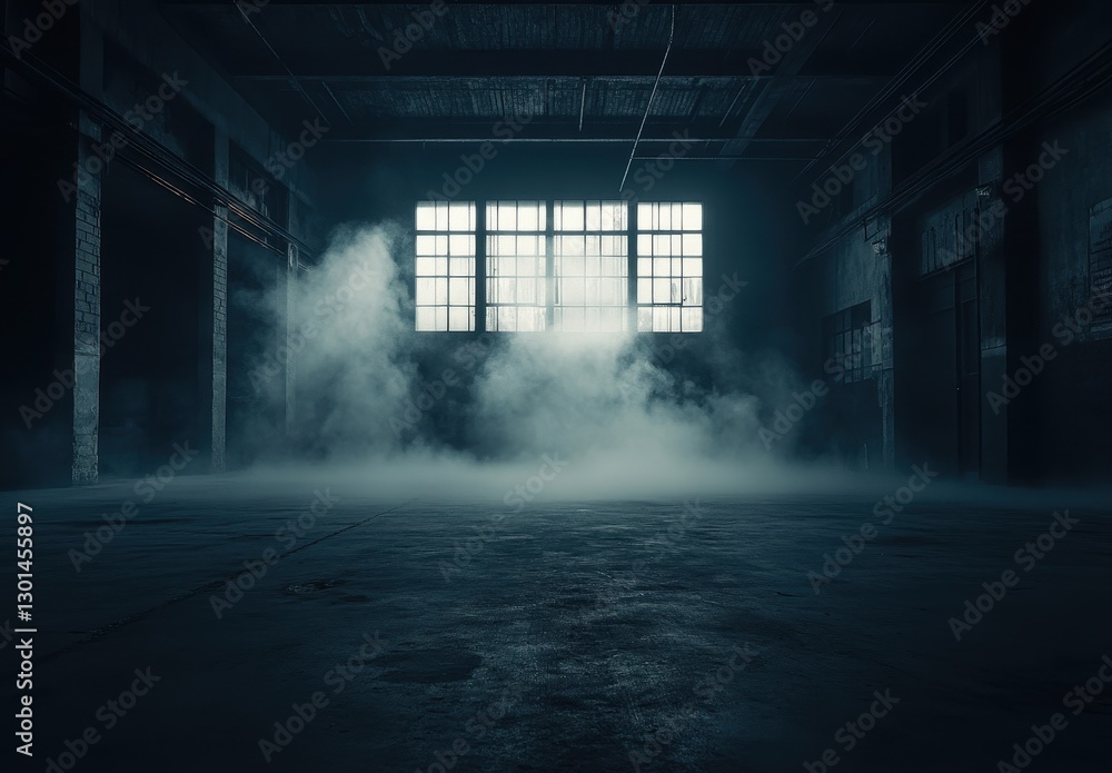 Poster misty industrial space with natural light streaming through tall windows, creating an atmospheric an