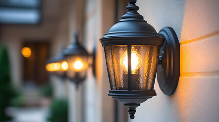 Exterior wall lights illuminate a pathway
