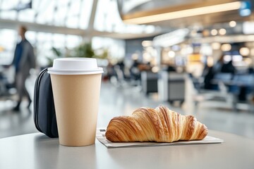 Delicious croissant and coffee on a table in a busy airport terminal during morning hours