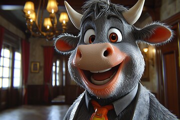 Happy Bull in Elegant Mansion