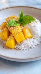 Mango sticky rice with coconut cream and sesame seeds creating a vibrant tropical dessert experience