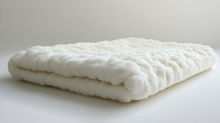 Folded cream faux fur blanket on white background