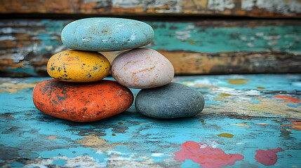Colorful stones stacked on weathered wooden planks
