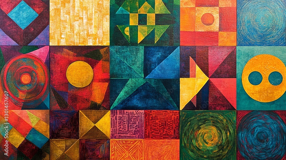 Aufkleber vibrant abstract geometric textile design colorful squares circles triangles pattern background mode