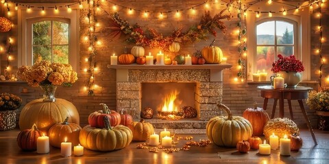 Obraz premium Warm autumnal ambiance with pumpkins, candles, and a fireplace