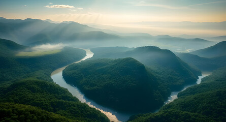 Aerial view, winding river, lush green forest