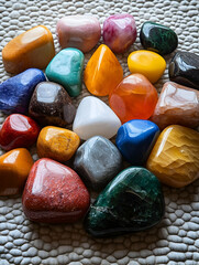 Colorful tumbled stones on textured surface