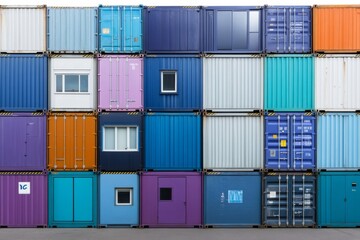 Fototapeta premium Colorful arrangement of shipping containers in an industrial area with varied designs and windows