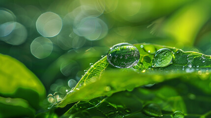 A dramatic close-up of a single water droplet resting on a vibrant green leaf, ultra-macro photography with soft-focus background.