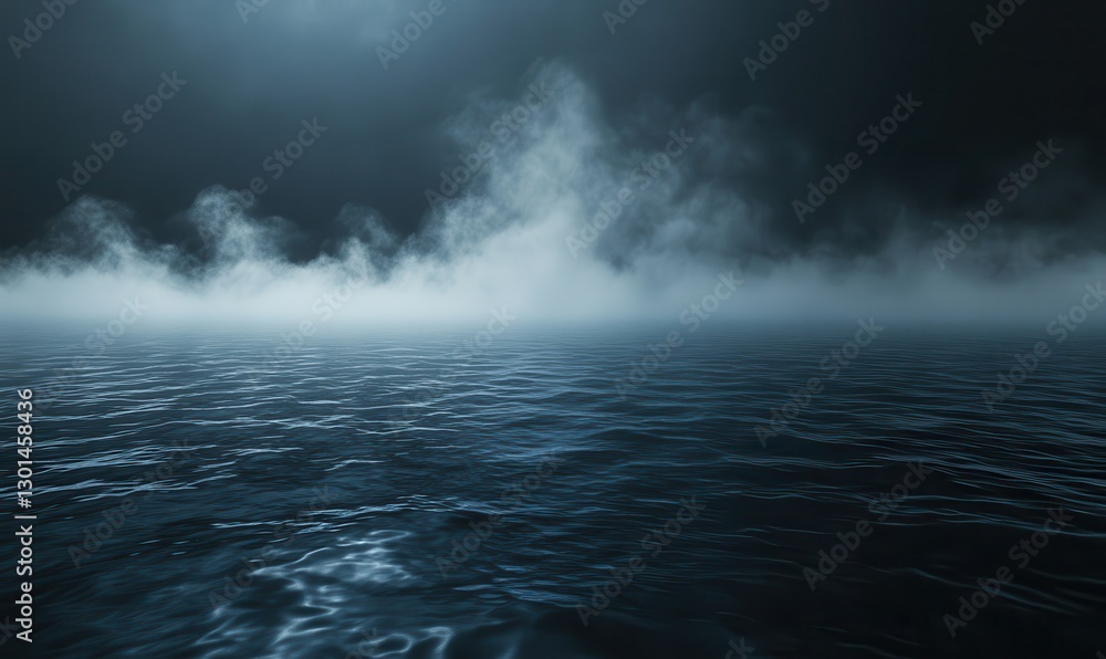 Poster mysterious dark sea with fog and clouds under dim light, evoking serenity and intrigue in a tranquil