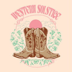Pink cowgirl boots with ornament. Western Boots, Boots Silhouette, Hand drawn vector illustration. cowgirl boot, Rodeo, Ranch,  Cowgirl Slogan print t shirt.