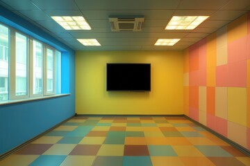 Minimalist meeting room interior with empty TV screen, modern furniture, and neutral tones. AI generated illustration.