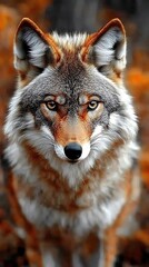 Fototapeta premium Coyote stares in forest. Autumn background