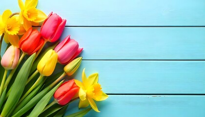Un vibrante arreglo de tulipanes y narcisos contrasta con un fondo rústico de madera de color azul claro