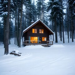 A cozy cabin in the woods during a snowy winter evening.
