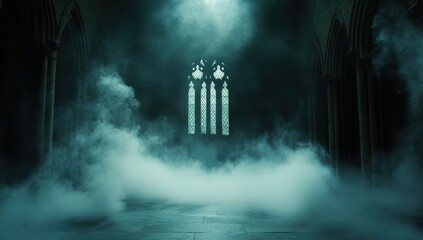 Mysterious Foggy Interior of an Ancient Gothic Church with Intricate Stained Glass Windows and Eerie Light Streaming Through the Architecture