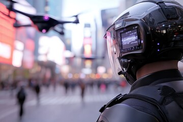 Fototapeta premium A robotic figure surveys a dense crowd in a vibrant urban setting, highlighting the blend of security and technology in public spaces.