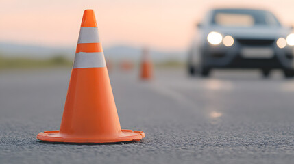 A reflective orange cone stands on a paved road, marking a zone. A blurred car with headlights approaches, hinting at construction or traffic management.