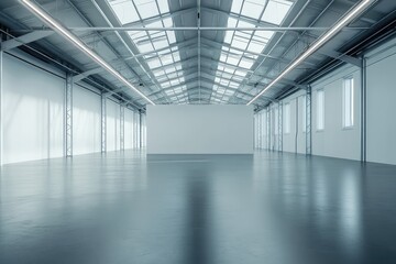 Minimal techno hall with neon accents and blank wall. AI generated illustration.