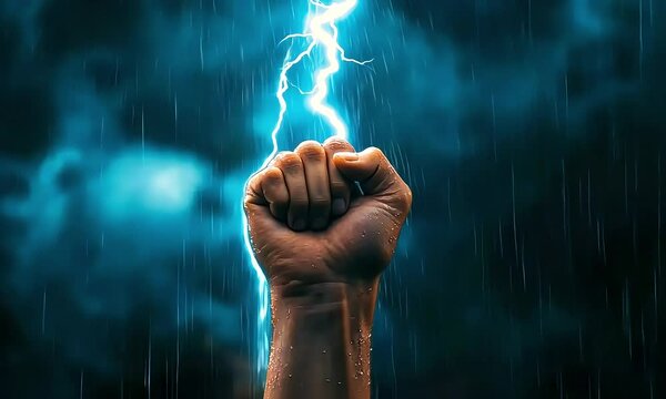 Clenched fist grasping lightning during storm