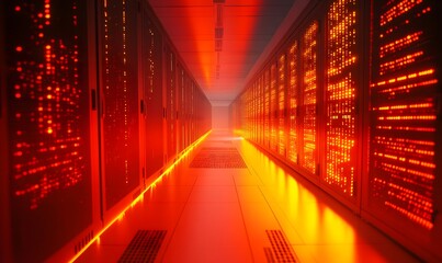 A luminous server room with glowing orange lights illuminating data racks