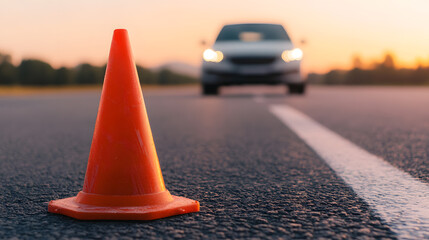 Safety cone on asphalt road marking construction or hazard zone. Car headlights approach during sunset creating road safety awareness.